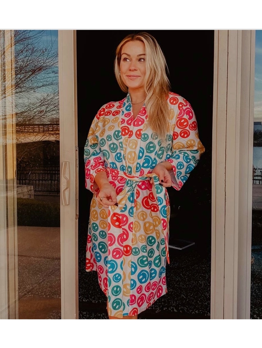 KATYDID Women's Colorful Smiley Face Pattern Robe with Belt, Size Large